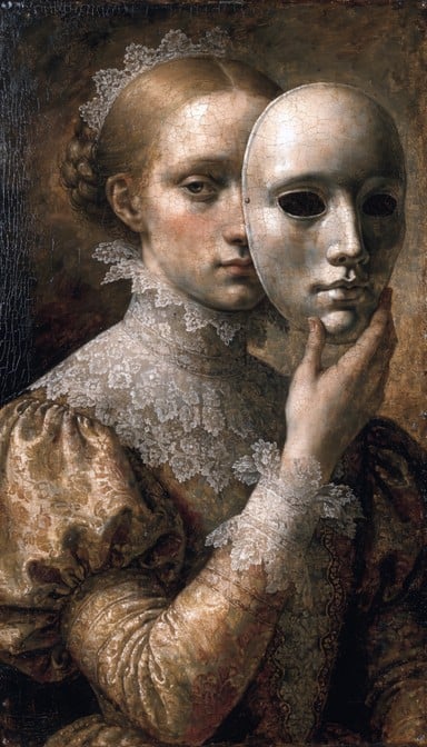 Renaissance oil painting depicts a mysterious woman holding an ivory mask away from her delicate, expressive face beneath.