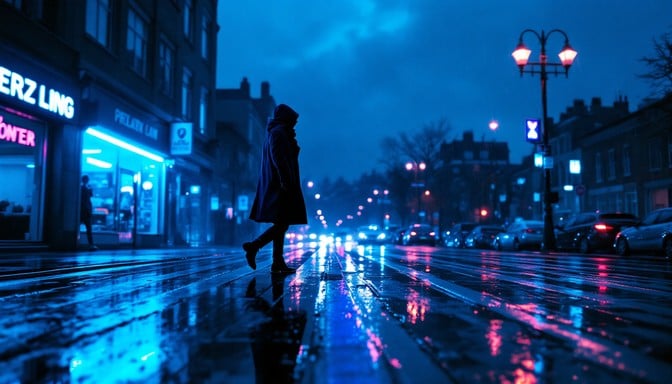 Solitary person walks across rain-soaked urban boulevard at twilight with brilliant blue neon reflections creating electric streaks in wet pavement puddles.