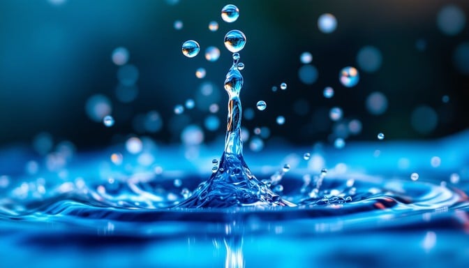 Stunning macro view captures clear water droplets splashing in mid-air above bright blue swimsuit fabric creating magical light effects.
