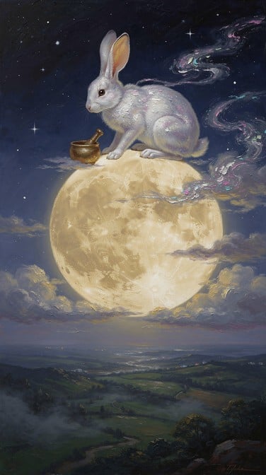 Magical moon rabbit perches on luminous golden moon above misty landscape in dreamy oil painting with stars