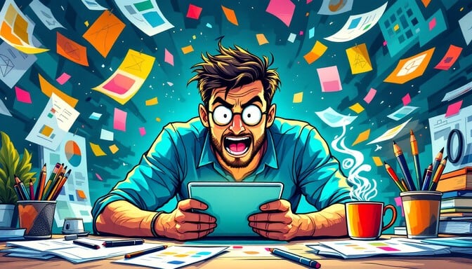 Energetic cartoon designer works with intense focus at cluttered desk surrounded by vibrant teal orange magenta and yellow creative elements swirling dynamically