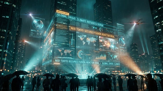 Massive glowing holographic news displays tower above crowds in a rainy futuristic cyberpunk city filled with cyan and amber lights at night.