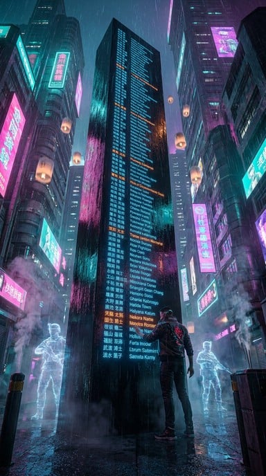 A towering memorial wall glows with names in a rainy cyberpunk city while holographic soldiers appear in pink and teal neon mist.