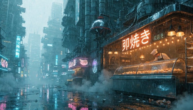 A glowing food stall shines with golden warmth on rain-soaked neon streets beneath towering futuristic skyscrapers in cyberpunk Tokyo.