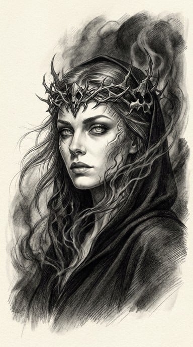 Haunting graphite portrait of a dark fantasy sorceress woman wearing a twisted crown of thorns and bones.