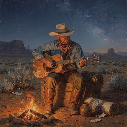 Weathered cowboy musician strums acoustic guitar beside crackling campfire under starlit desert sky in traditional oil painting style with warm amber tones.