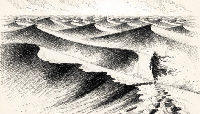 Pencil sketch illustration showing a lone traveler trekking across endless sandy desert dunes under harsh sunlight with dramatic shadows and flowing scarf