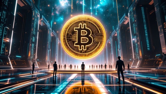 Futuristic cryptocurrency trading floor in deep space features holographic golden Bitcoin surrounded by glowing data streams and traders.