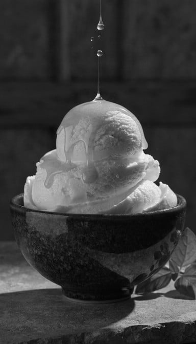 A single sophisticated scoop of olive oil ice cream sits in a dark ceramic bowl with dramatic lighting creating bold shadows and highlighting the silky oil cascade