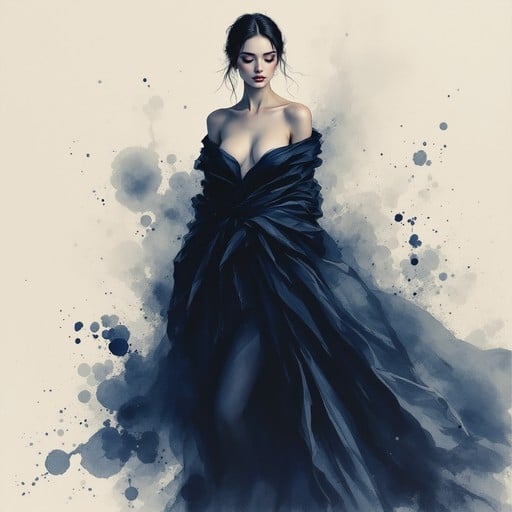 Watercolor portrait featuring an elegant woman wearing a dramatic navy blue gown with cascading folds and artistic paint splashes creating ethereal atmosphere.