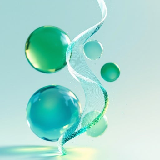 Luminous emerald and cyan geometric shapes float in minimal white space creating an ethereal scientific abstract design with glowing translucent spheres.