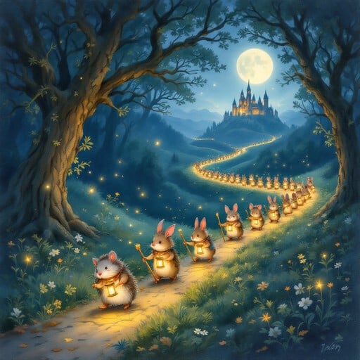 Hedgehogs, rabbits, and field mice process along a magical forest path with golden lanterns, heading toward a fairytale castle in soft twilight.
