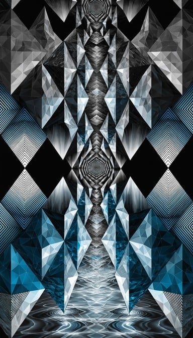 Symmetrical geometric pattern featuring hexagons and triangles cascades vertically like underground waterfall with glowing aquamarine blues and deep obsidian black elements throughout