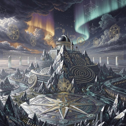 Epic fantasy kingdom where geometric mountains glow with golden mathematical patterns beneath aurora skies of violet, amber, and ethereal teal light.