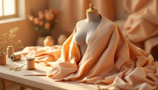 Low-poly 3D illustration of an artisan fashion studio with geometric mannequin, sewing tools, and warm earthy color palette featuring terracotta and cream tones.
