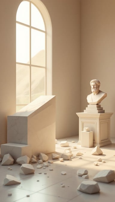 Faceted geometric hand chisels pale marble block in minimalist 3D atelier with Greek philosopher bust and warm golden hour sunlight