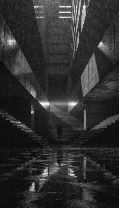 Dramatic black and white brutalist architecture creates a mysterious film noir scene with stark shadows and a lone silhouetted figure standing amid converging geometric forms.