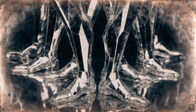 Architectural leg forms intersect like precise geometric constructions in this dreamlike sepia daguerreotype with vintage oxidized texture and soft luminous glow