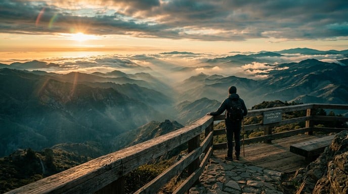 A lone figure stands at a mountain overlook during golden hour, gazing over misty valleys and distant peaks in warm amber light.