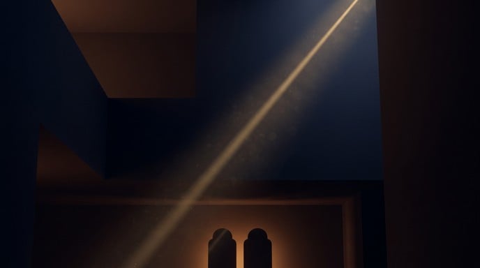 A mysterious interior space features deep indigo shadows intersecting with a single diagonal beam of warm golden light creating ethereal atmosphere.