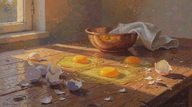 Freshly cracked eggs glow with golden yolks on a sunlit wooden kitchen table in warm morning light streaming through windows.