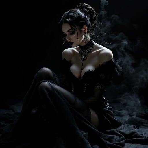 Dramatic Gothic fashion portrait featuring a woman in black lace corset and velvet with theatrical lighting and Victorian inspired dark elegance.