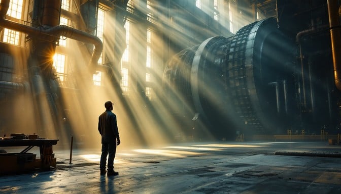 Morning sunlight beams through industrial hall windows, illuminating a lone worker standing peacefully beside enormous dormant turbines in atmospheric mist and golden light.