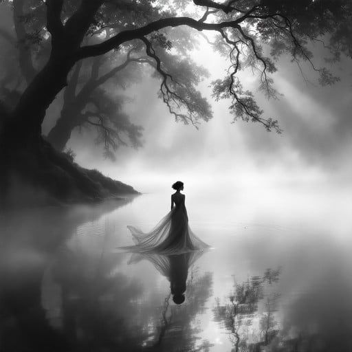 A lone woman stands at the edge of a foggy lake wearing flowing fabric, surrounded by ancient trees and dramatic lighting.