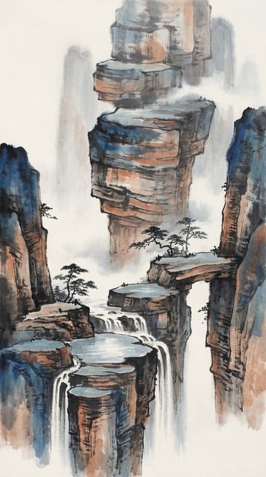 Towering layered rock formations rise through swirling mist with cascading waterfalls and delicate pine trees in traditional Chinese watercolor style