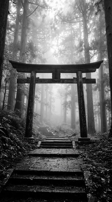 A traditional Japanese torii gate emerges through thick morning fog along a rain-soaked stone path in an ancient forest setting.