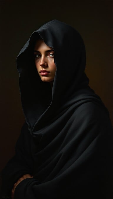 Renaissance-style portrait painting featuring a thoughtful man in a charcoal hoodie, rendered with warm amber tones and masterful shadow work on dark background.