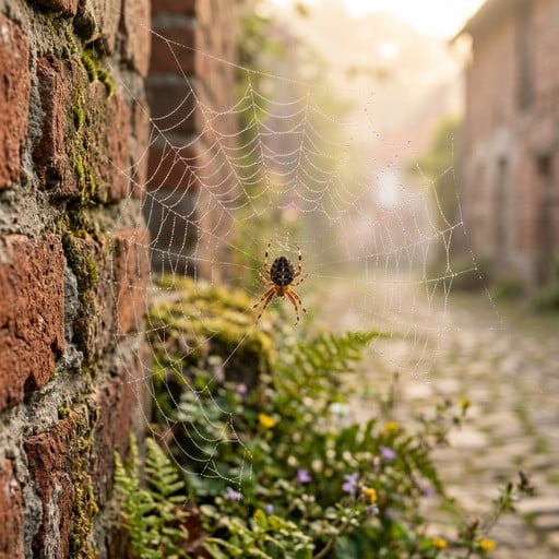 A tiny garden spider carefully spins its intricate silk web between weathered brick crevices as golden morning light illuminates the dewy threads.