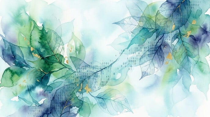 Emerald and teal watercolor leaves dissolve into cascading binary code, blending organic nature with digital technology in dreamy abstract art.