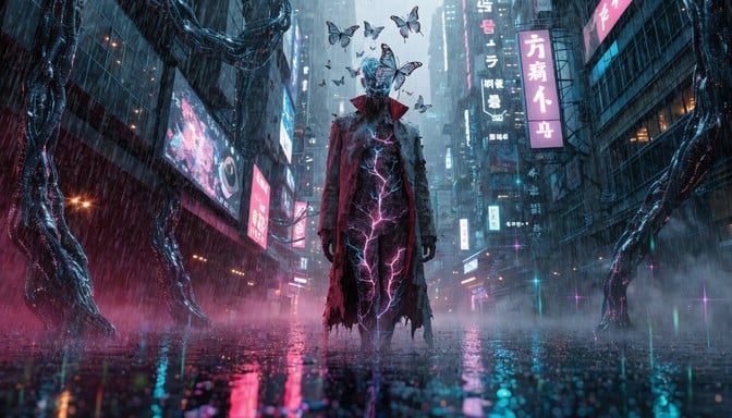 Futuristic figure transforms from human flesh into glowing digital data in a rain-soaked neon cyberpunk alleyway scene