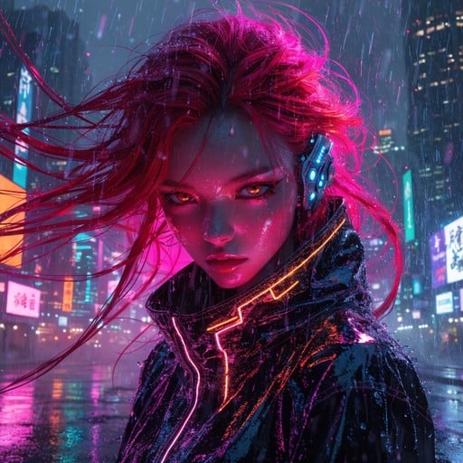 Dramatic anime-style woman with flowing red hair glows under vivid neon lights in a rain-soaked futuristic cyberpunk city at night.