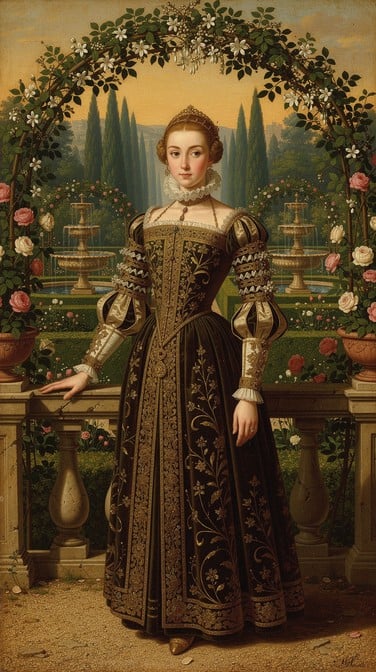 Renaissance portrait shows a dignified woman in embroidered dress within a manicured garden filled with flowering roses and green topiary