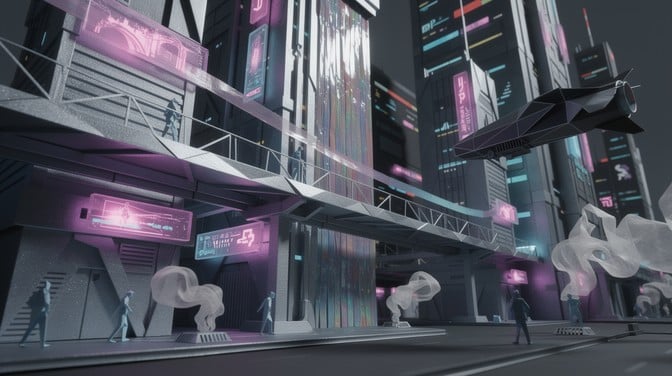 Intricate paper art cyberpunk city with origami skyscrapers, neon lighting, and folded paper structures creating a futuristic three-dimensional urban landscape