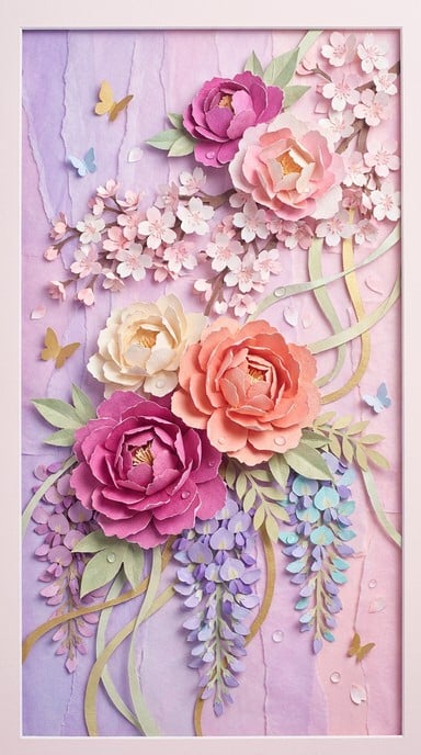 Handmade layered paper flowers create a three-dimensional collage featuring pink peonies, cherry blossoms, and purple wisteria with butterflies.
