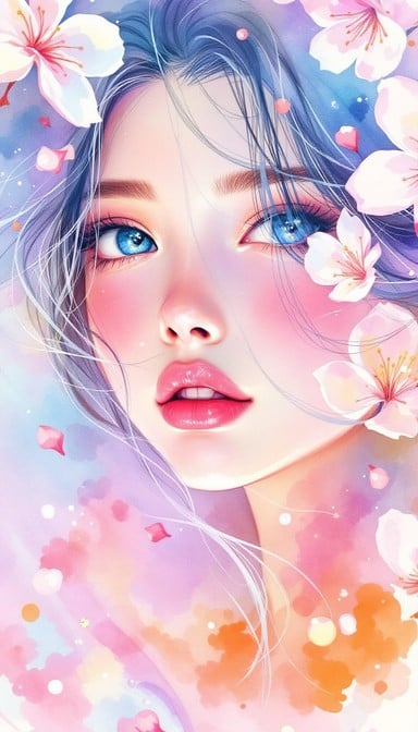 Watercolor illustration of a dreamy anime girl with large glowing eyes, flowing blue and lavender hair, surrounded by pink cherry blossoms.