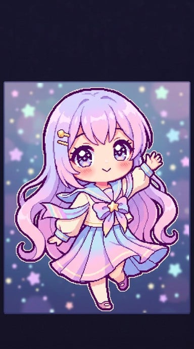 Adorable chibi anime girl in pastel sailor uniform waves cheerfully with sparkling eyes against a dreamy starry background in retro pixel art style