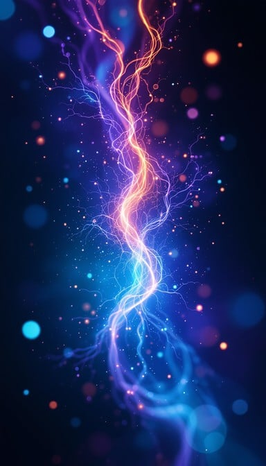Electric violet and molten amber plasma filaments dance together in deep indigo space, glowing with bioluminescent beauty and energy.