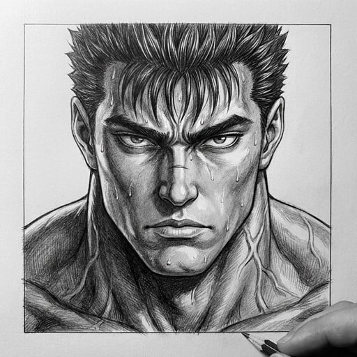 Hand-drawn pencil portrait of a strong anime bodybuilder man featuring spiky hair, intense gaze, sculpted muscles, and high-contrast shading in grayscale.