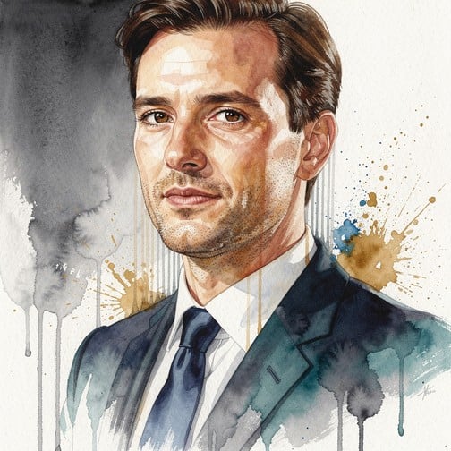 Confident businessman rendered in sophisticated watercolor illustration with flowing indigo and teal colors blending into an elegant corporate portrait
