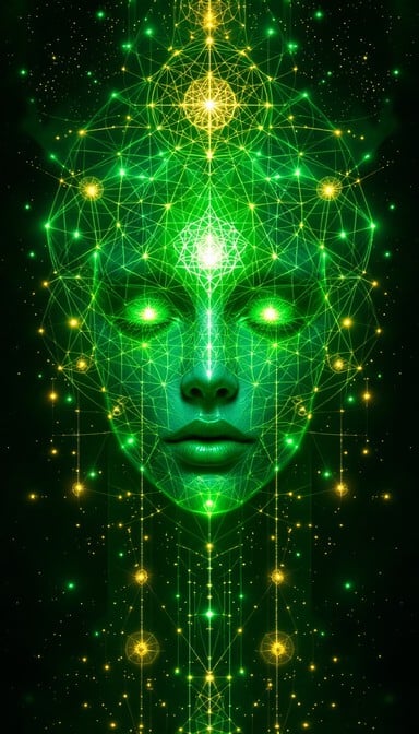 Emerald geometric face emerging from intricate Flower of Life fractals and sacred mathematical patterns on black background