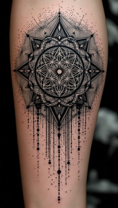 Black and grey geometric tattoo with detailed mandala centerpiece and flowing stippled dots creating an ethereal filtered effect down the leg