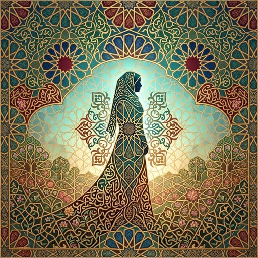 Woman in hijab dissolves into intricate Islamic geometric patterns with jewel-toned colors blending nature and sacred mathematical harmony in perfect symmetry.