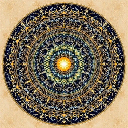 Radial mandala blending Islamic calligraphy with geometric patterns in rich blue, gold, amber, and emerald creating divine harmony.