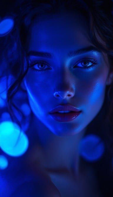 Deep blue gel lighting bathes a woman's face in dramatic shadows and highlights, creating an intense editorial portrait with luminous bokeh effects.