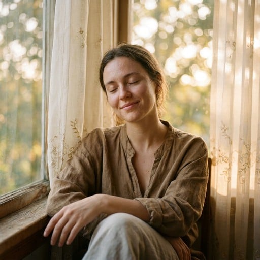 Peaceful contemplation unfolds as warm golden light filters through sheer curtains, casting gentle patterns across a woman's serene face.