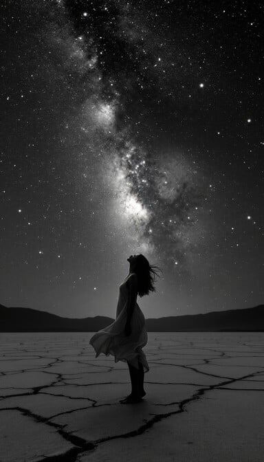 Solitary woman reaches toward starry night sky on cracked desert earth, connecting with cosmic infinity above.